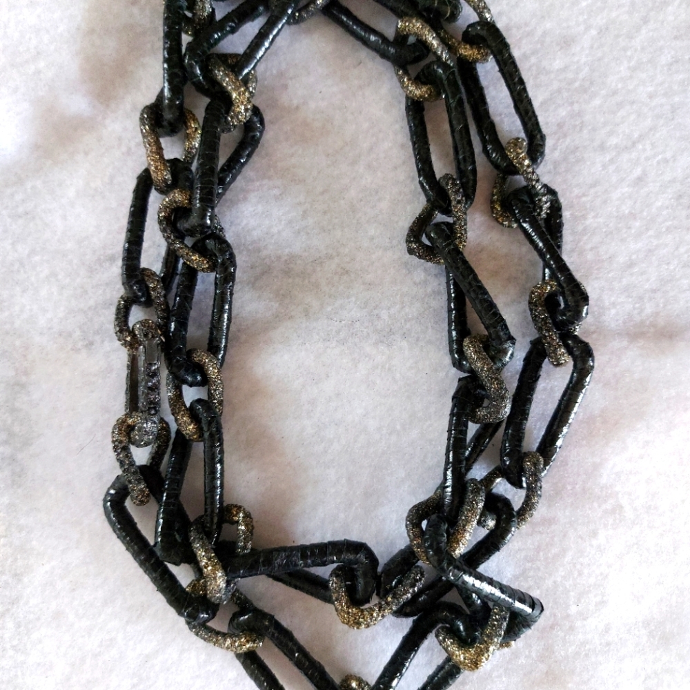 KMO Paris embossed Leather Wrap & Glitter Chain Link Oversized Chunky Necklace